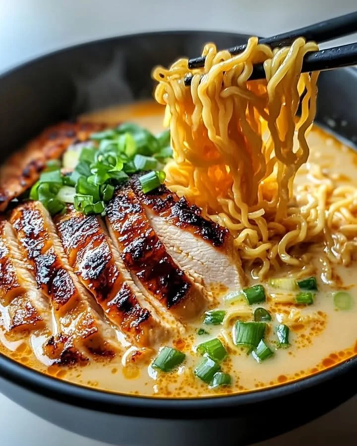 Fiery Chicken Ramen with creamy garlic sauce, garnished for flavor and spice.