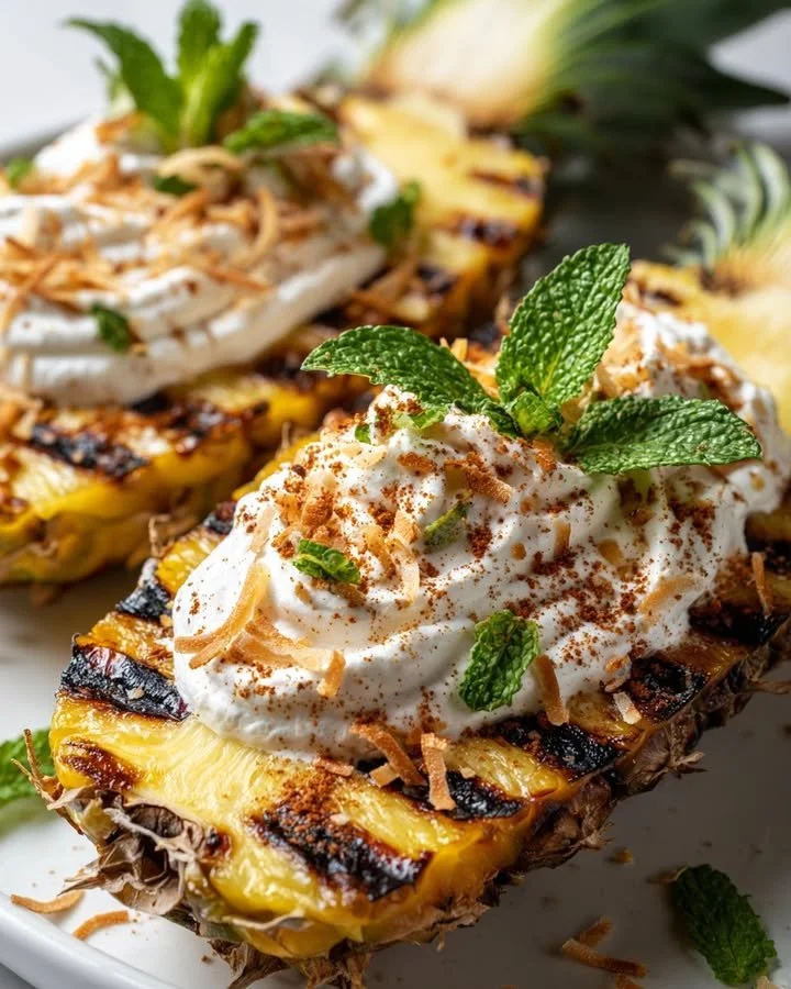 Fire & Chill Pineapple Boats filled with grilled fruit and served at a summer BBQ