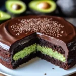 Flaxseed Chocolate Avocado Cake topped with chocolate ganache and avocado slices.