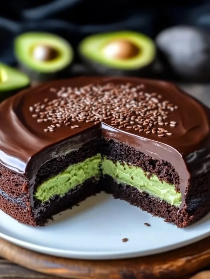 Flaxseed Chocolate Avocado Cake topped with chocolate ganache and avocado slices.