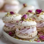 Floral pistachio meringue sandwiches with whipped rose cream on a plate.