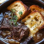 Delicious bowl of French onion beef short rib soup garnished with herbs