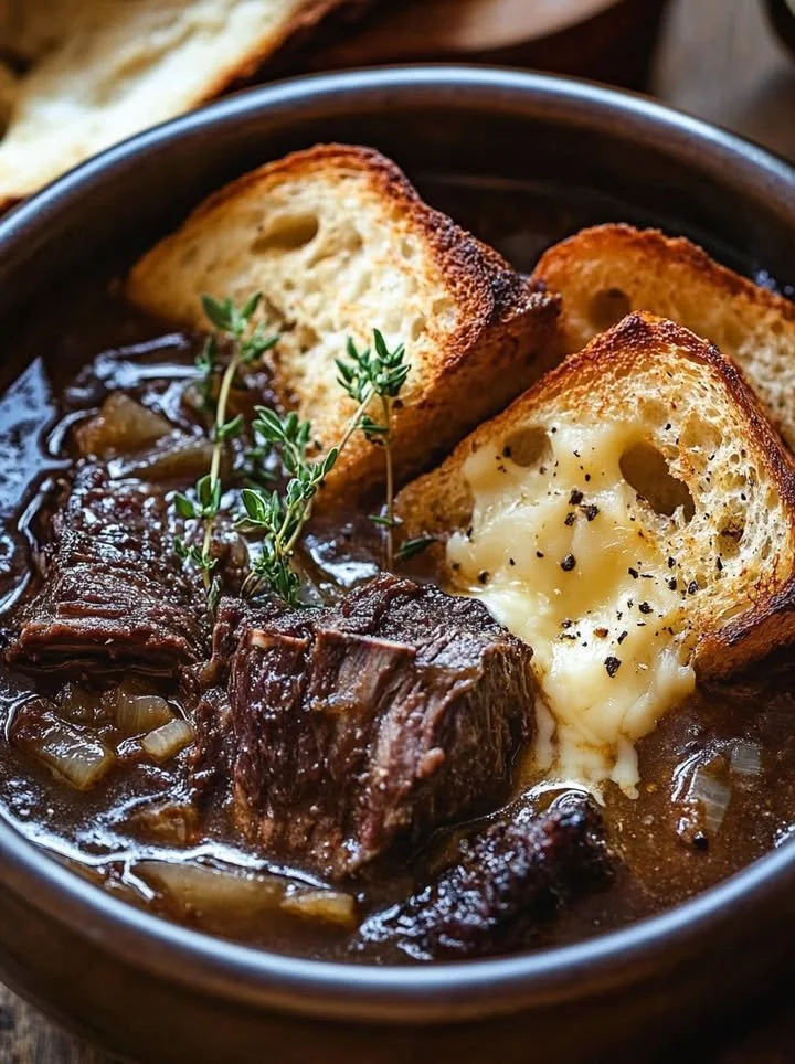 Delicious bowl of French onion beef short rib soup garnished with herbs