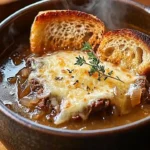 Delicious French onion beef short rib soup in a bowl garnished with herbs