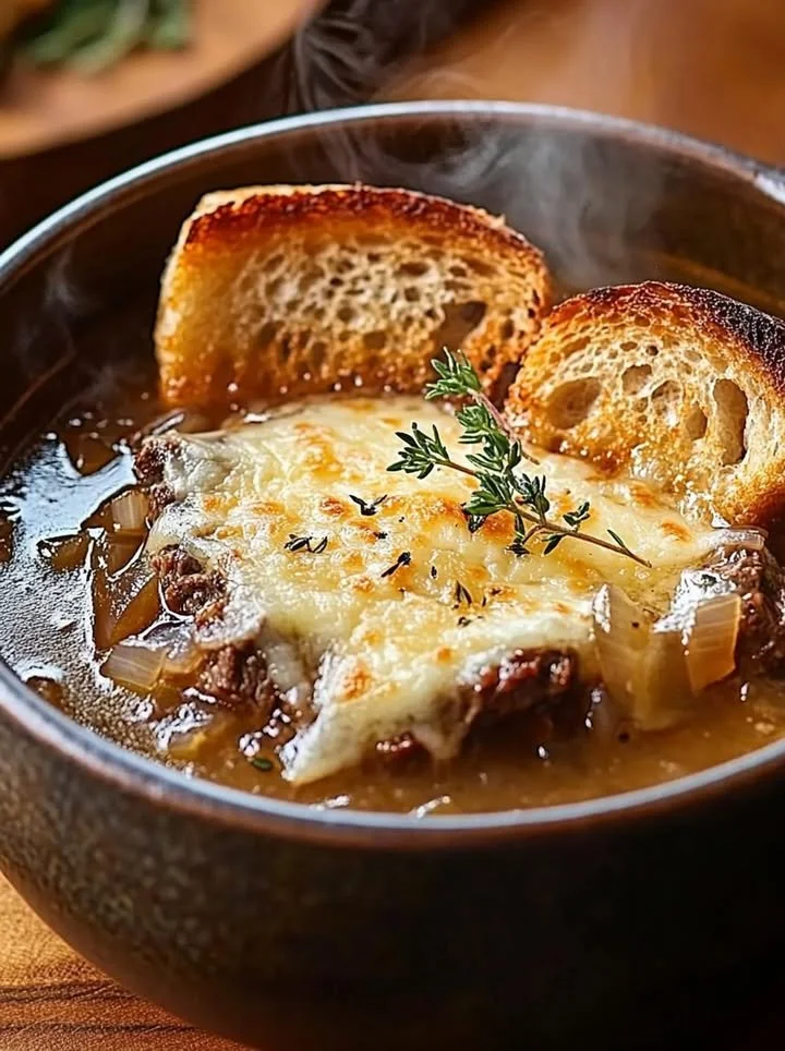 Delicious French onion beef short rib soup in a bowl garnished with herbs