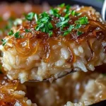 Bowl of savory French onion butter rice with melted cheese on top