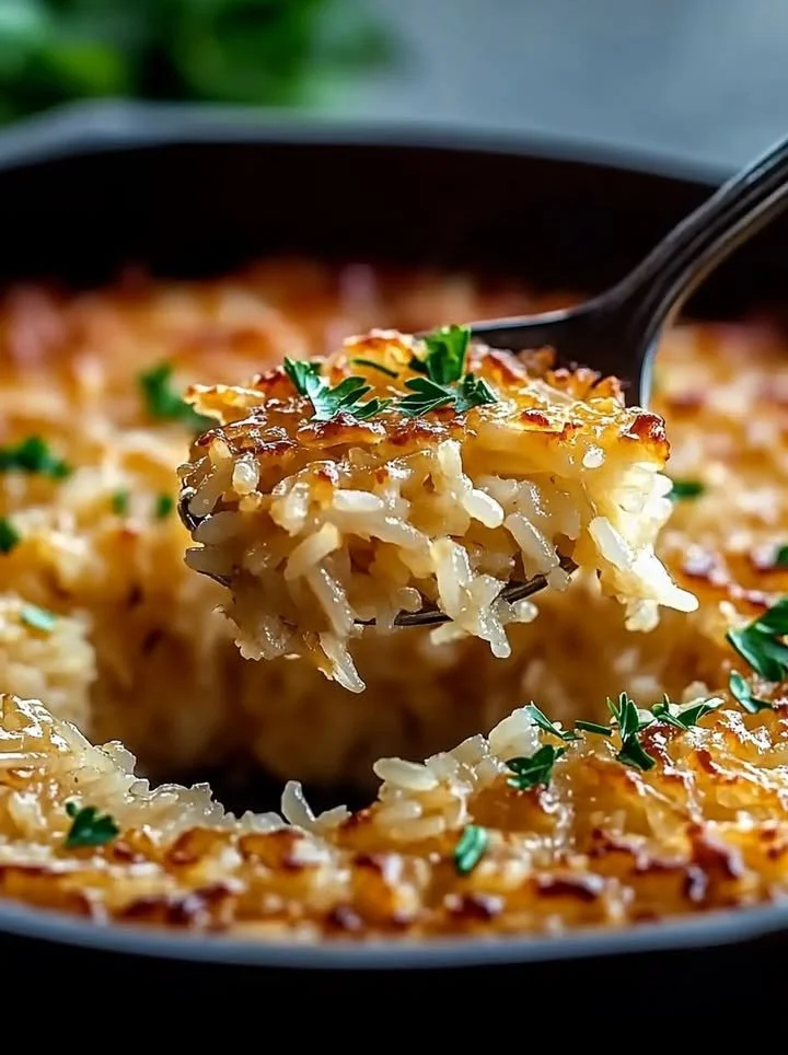 Delicious bowl of French Onion Butter Rice topped with crispy onions and herbs.