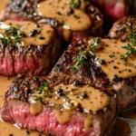 French seared steak drizzled with cognac cream sauce on a plate