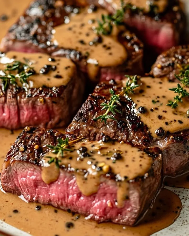 French seared steak drizzled with cognac cream sauce on a plate