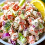 Fresh and zesty imitation crab salad in a bowl with vegetables and dressing.