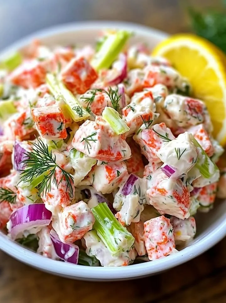 Fresh and zesty imitation crab salad in a bowl with vegetables and dressing.