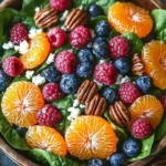 Fresh salad with spinach, blueberries, raspberries, mandarin oranges, pecans, and feta.