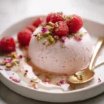Frozen rose mascarpone mousse with fresh raspberries on a dessert plate