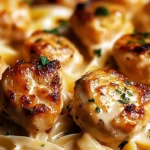 Garlic Butter Chicken Bites served with creamy Parmesan pasta on a plate