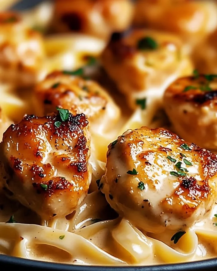Garlic Butter Chicken Bites served with creamy Parmesan pasta on a plate