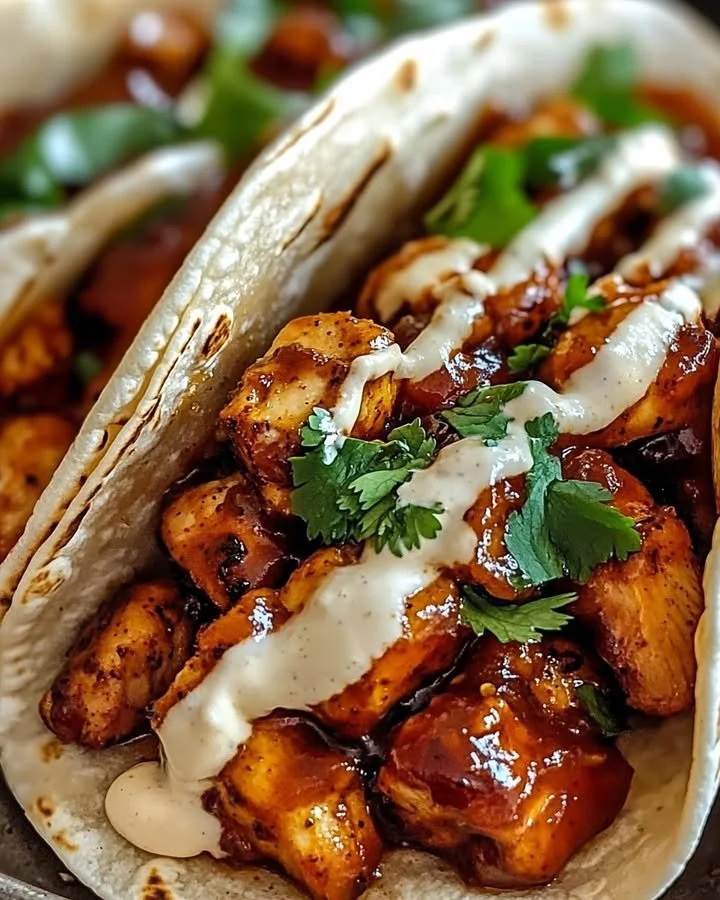Garlic butter honey BBQ chicken tacos served with fresh toppings