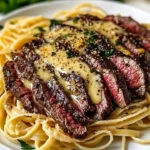Plate of Garlic Butter Steak Lightning Noodles with fresh herbs