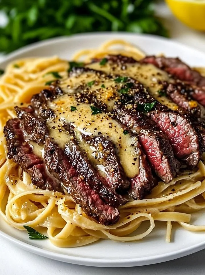 Plate of Garlic Butter Steak Lightning Noodles with fresh herbs