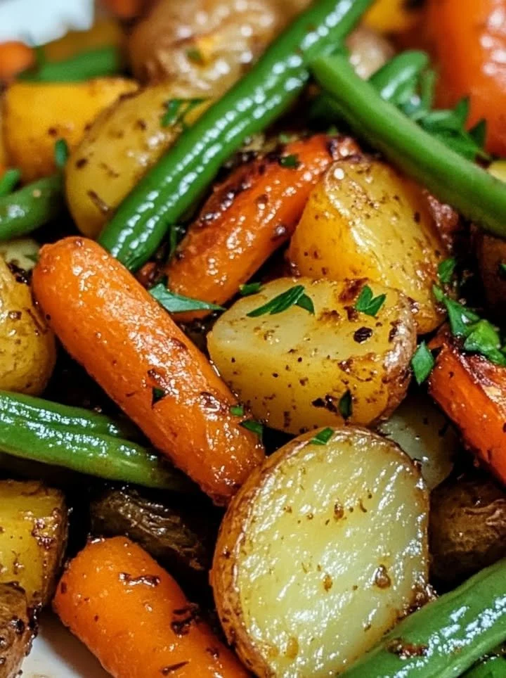 Plate of garlic herb roasted veggies including carrots, zucchini, and bell peppers.