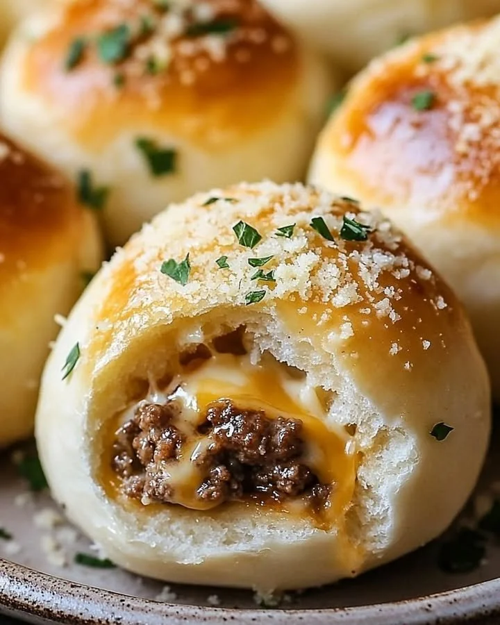 Garlic Parmesan Cheeseburger Bombs served on a wooden board.