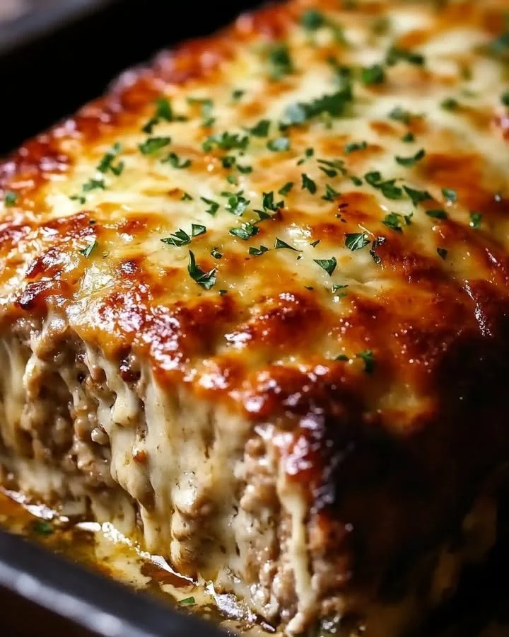 Delicious Garlic Parmesan Chicken Meatloaf served with herbs and side vegetables.