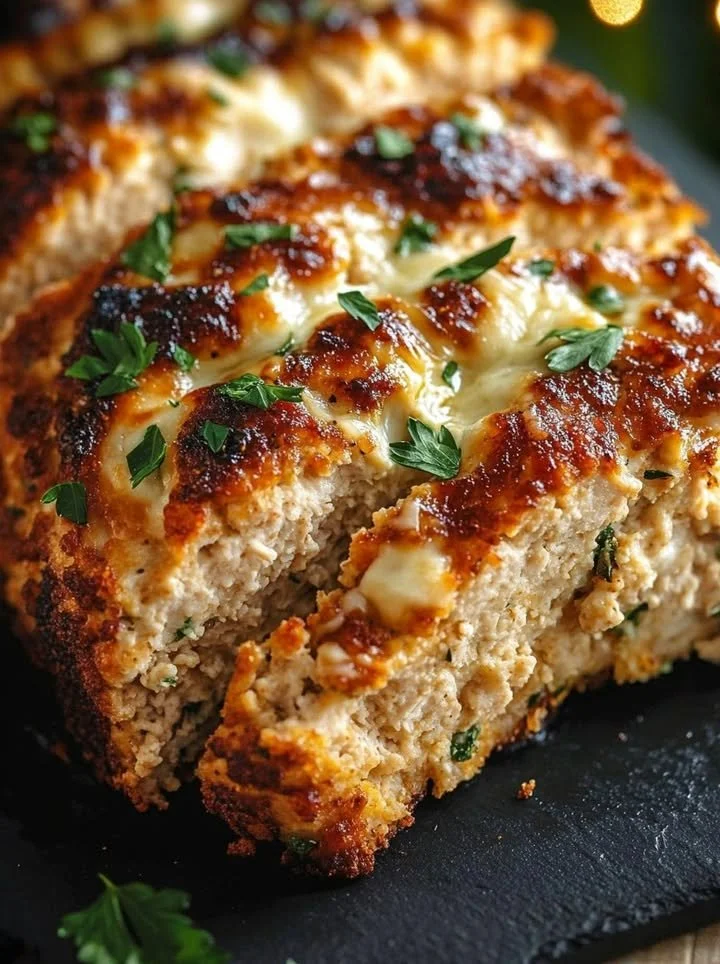 Delicious Garlic Parmesan Chicken Meatloaf served with a side of vegetables