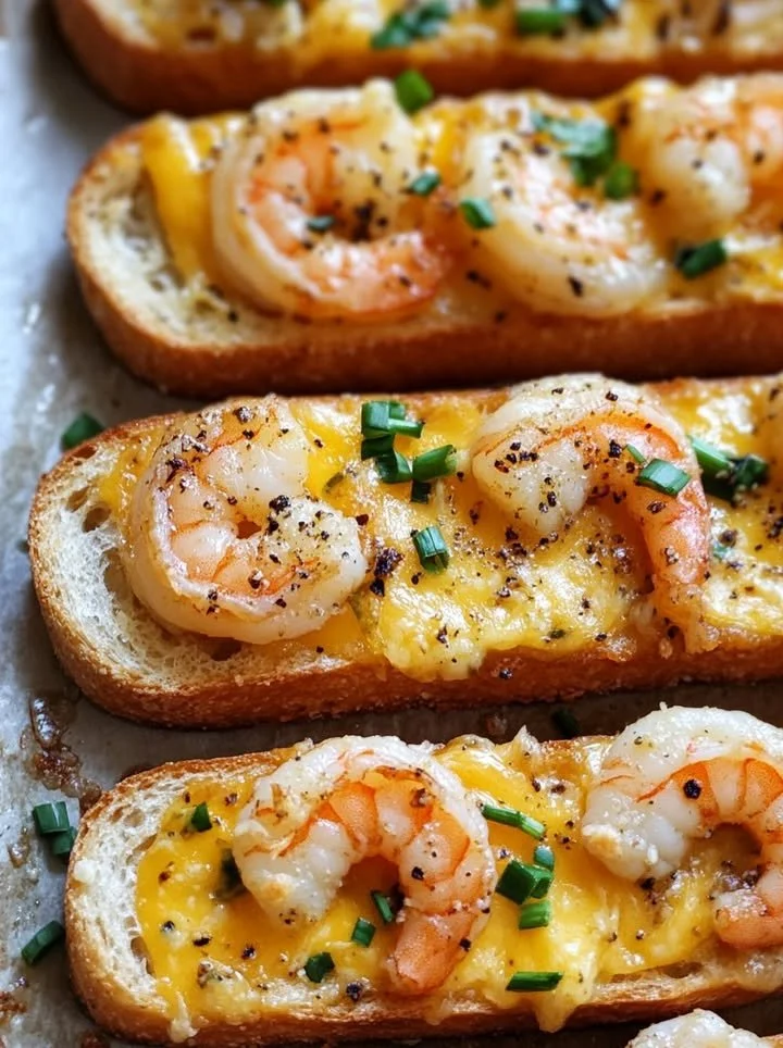 Delicious garlicky shrimp ciabatta with melted cheddar jack cheese