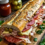 Giant Muffaletta Italian Sandwich with layers of meat, cheese, and olive salad