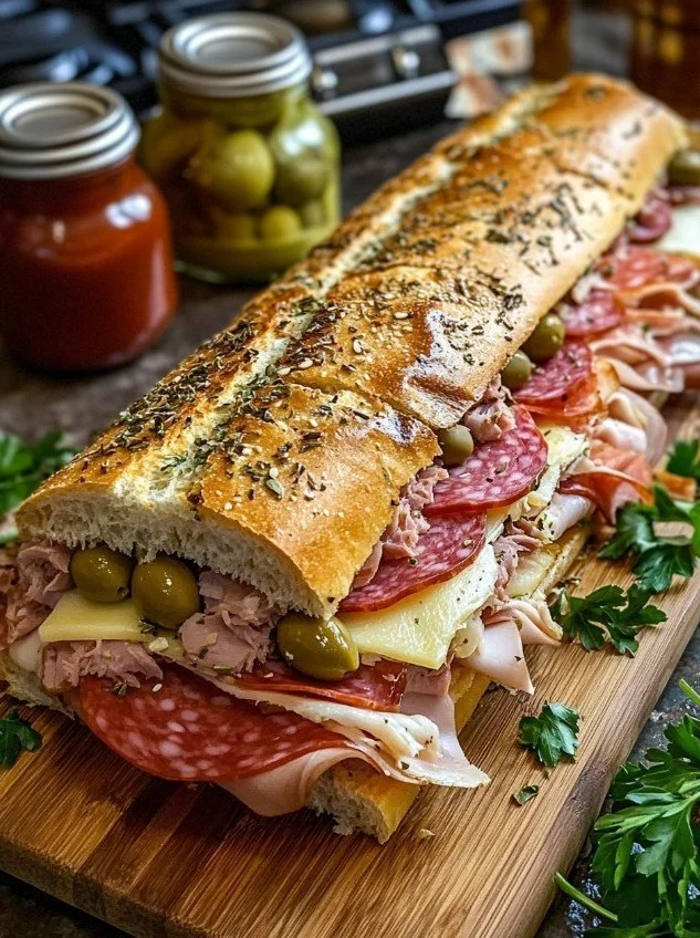 Giant Muffaletta Italian Sandwich with layers of meat, cheese, and olive salad