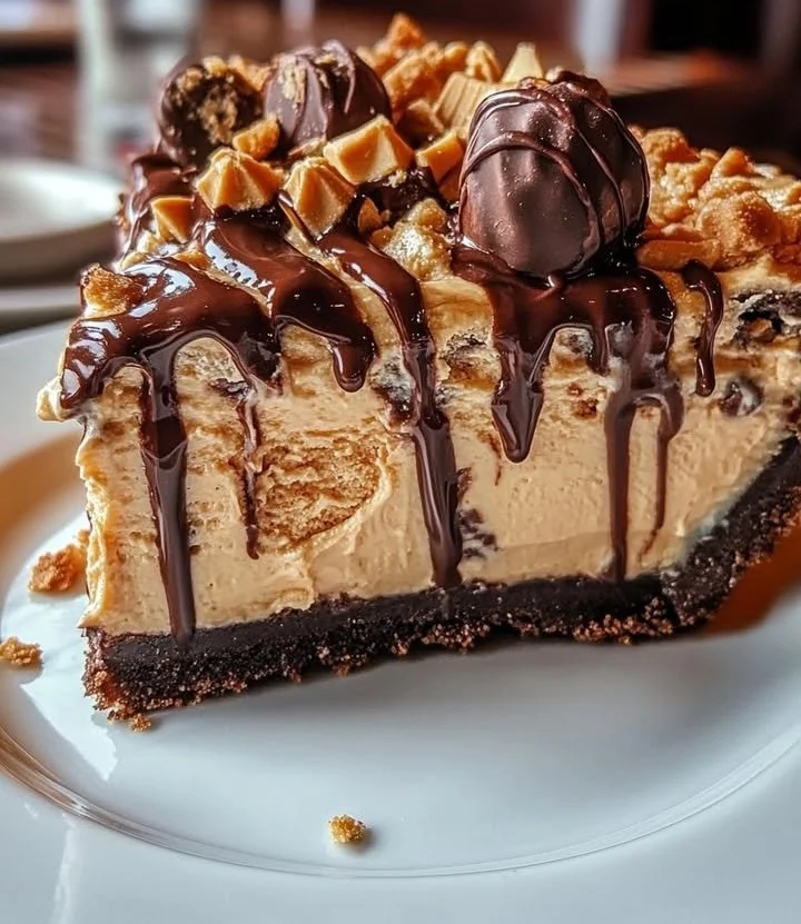 Giant Reese's Peanut Butter Cup Pie with chocolate and peanut butter layers