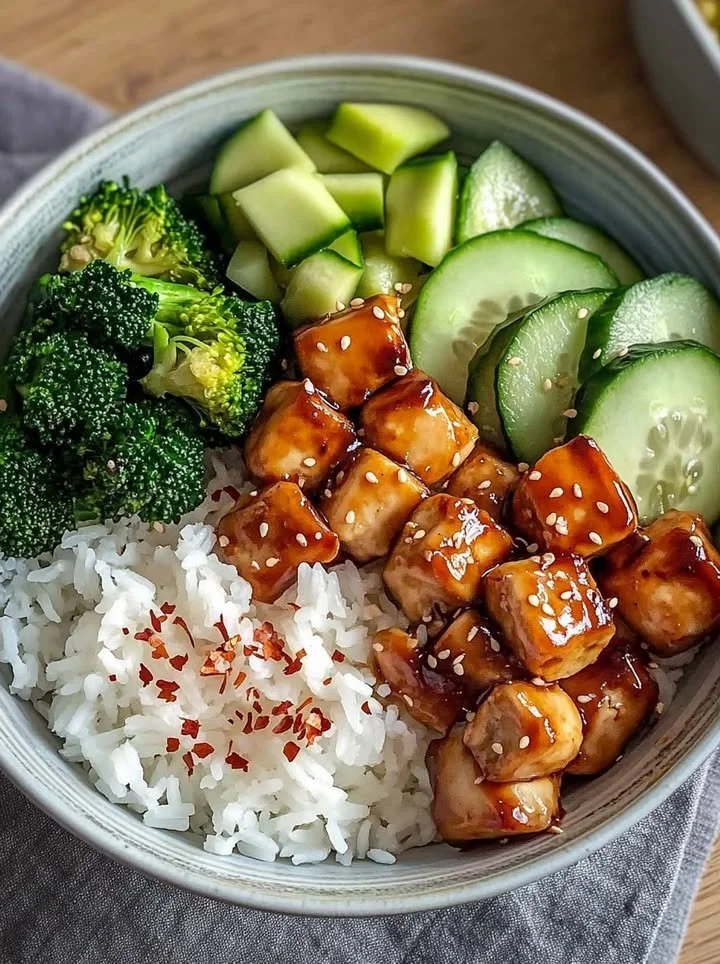 Glazed chicken rice bowl with broccoli and cucumber garnish