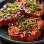 Gochujang and Maple Glazed Sweet Potato Steaks on a plate