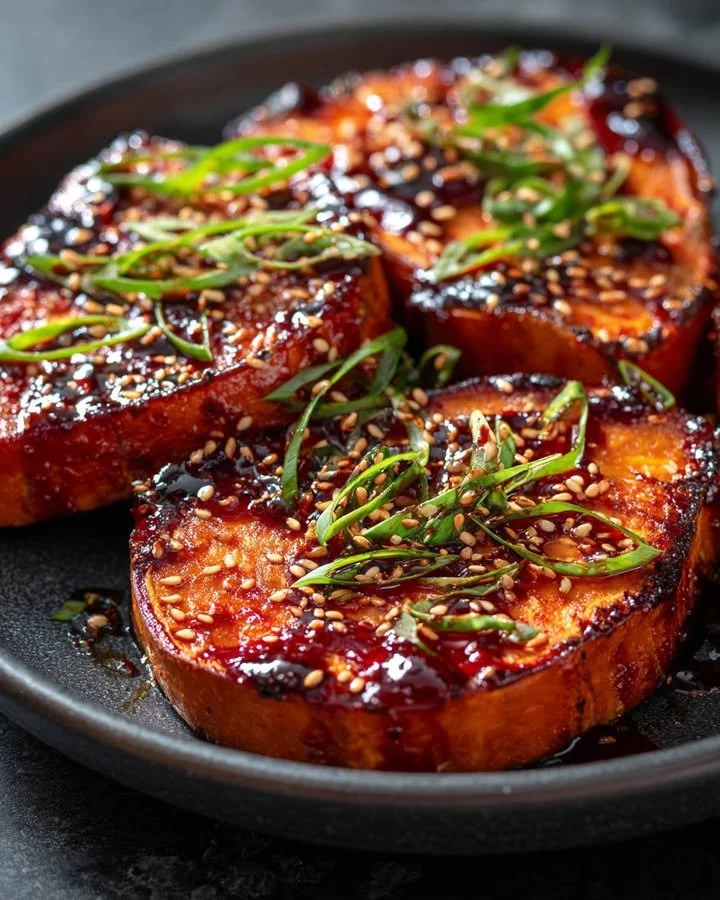 Gochujang and Maple Glazed Sweet Potato Steaks on a plate