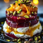 Golden Beet Burrata stacks with pistachio and citrus zest on a plate.