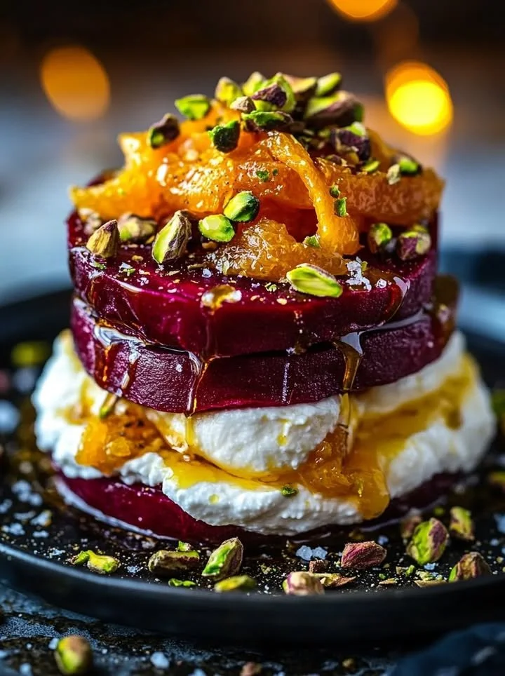 Golden Beet Burrata stacks with pistachio and citrus zest on a plate.
