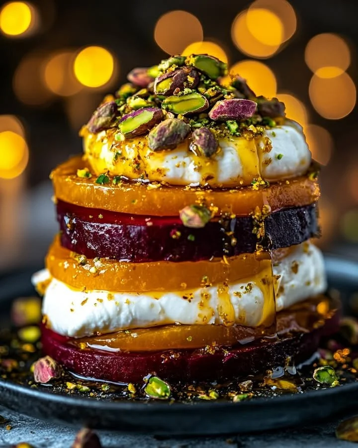 Golden Beet Burrata Stacks drizzled with citrus zest and sprinkled with pistachios