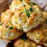 Golden Cheddar Bay Biscuits topped with garlic herb butter, fresh out of the oven.