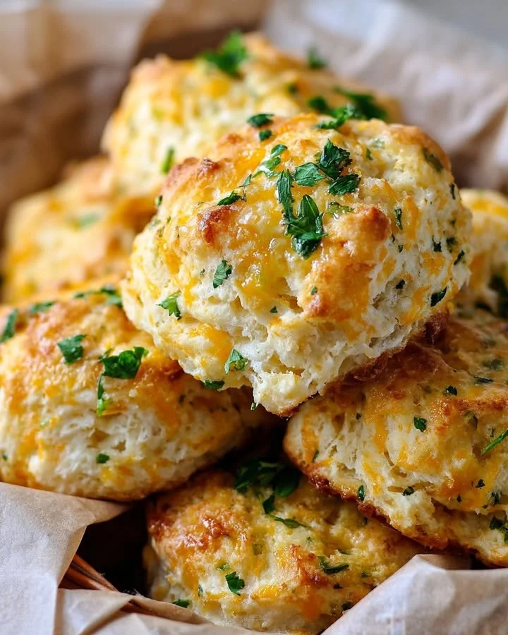 Golden Cheddar Bay Biscuits topped with garlic herb butter, fresh out of the oven.