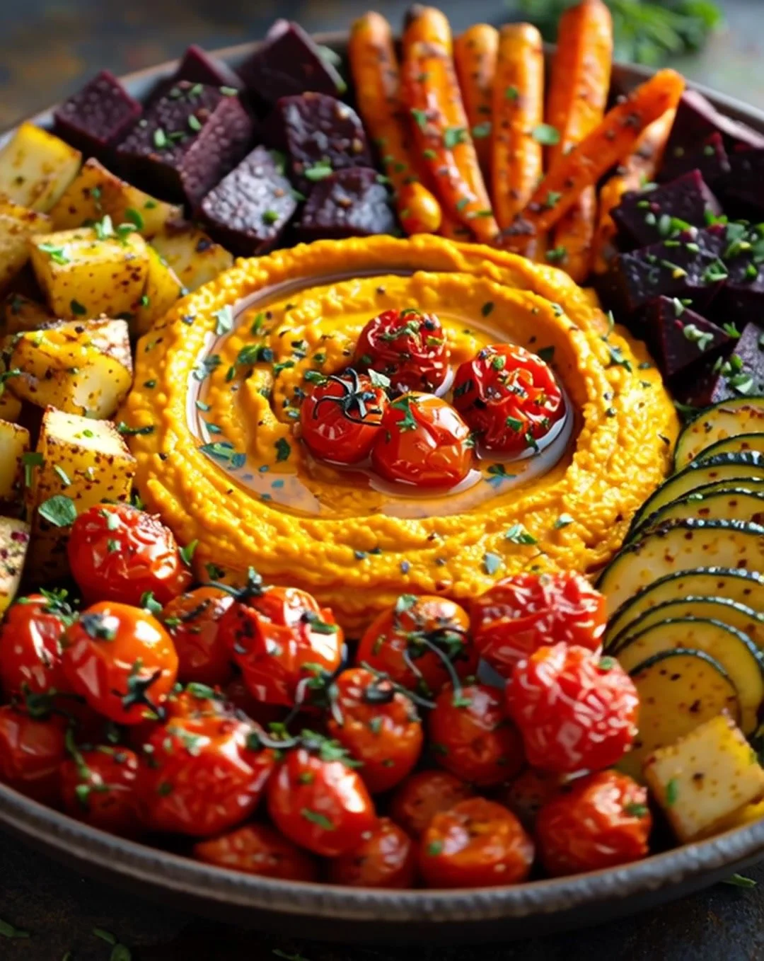 Golden Glow Bowl featuring roasted carrot-ginger dip and fresh veggies