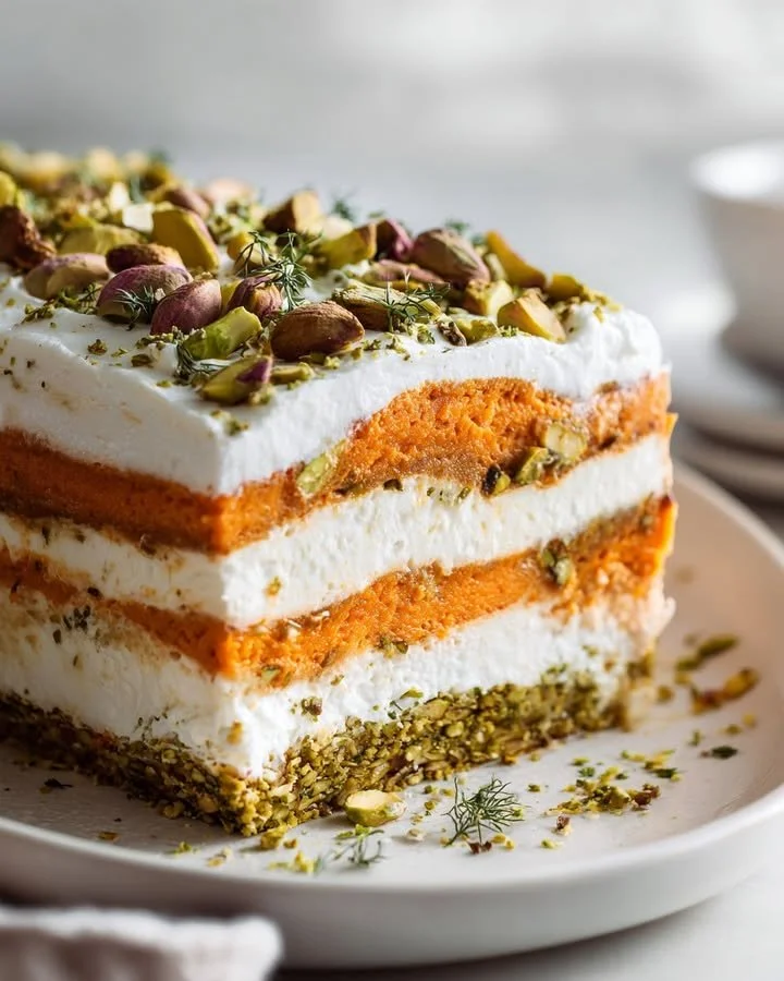 Golden sweet potato terrine with feta cheese and pistachio crust