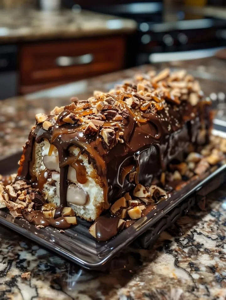 Gooey chocolate caramel turtle cake roll with pecans and chocolate drizzle