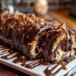 Gooey Chocolate Caramel Turtle Cake Roll topped with chocolate and nuts