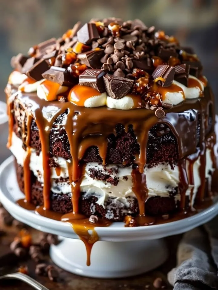 Gooey chocolate caramel turtle layer cake with rich frosting