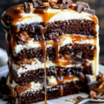 Gooey chocolate caramel turtle layer cake with rich chocolate and caramel toppings