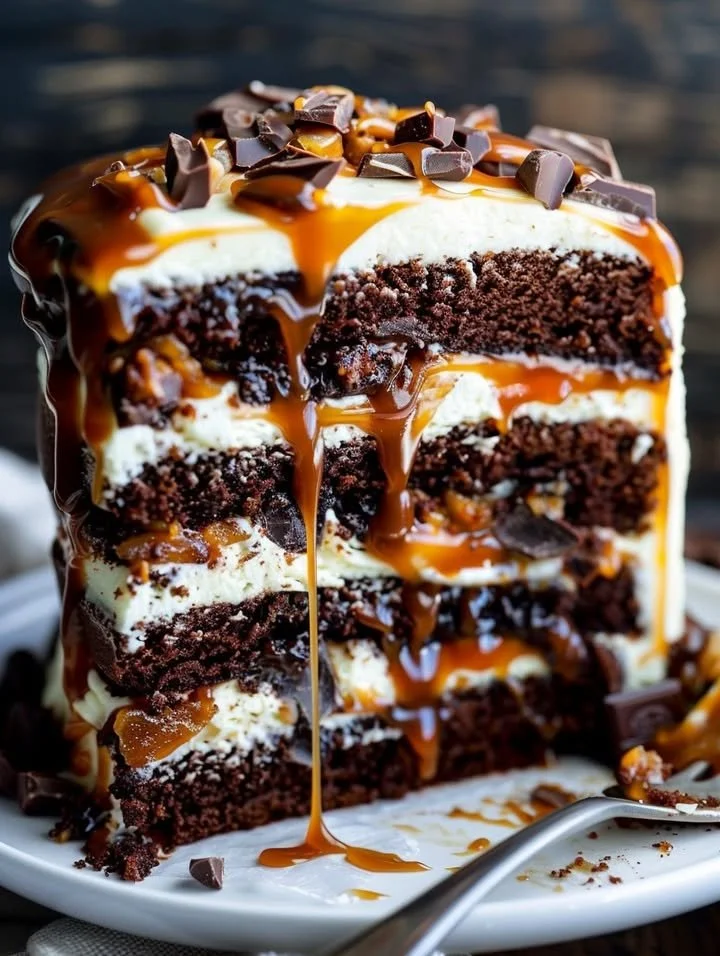 Gooey chocolate caramel turtle layer cake with rich chocolate and caramel toppings