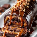 Gooey Chocolate Hazelnut Cake Roll with caramel drizzle and hazelnuts on top