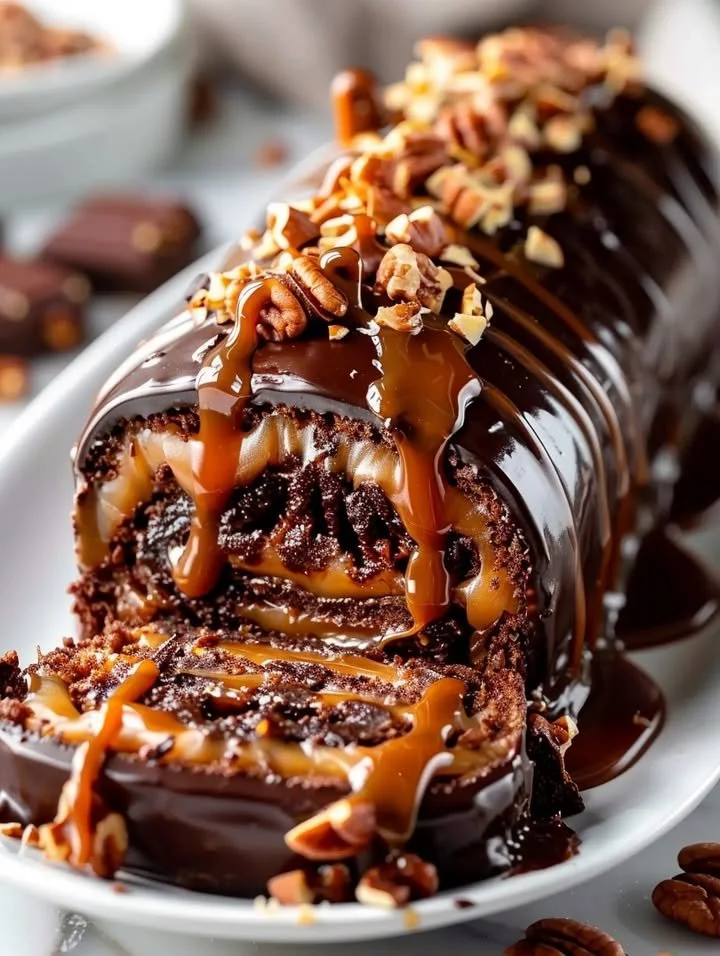 Gooey Chocolate Hazelnut Cake Roll with caramel drizzle and hazelnuts on top
