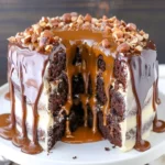 Gooey chocolate hazelnut caramel layer cake garnished with nuts and chocolate drizzle