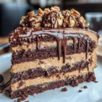 Gooey chocolate peanut butter cake topped with creamy frosting