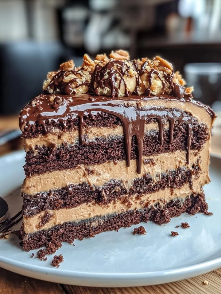Gooey chocolate peanut butter cake topped with creamy frosting